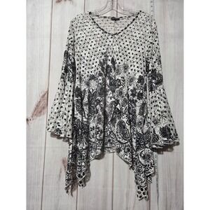 Black Floral Print Bell Sleeve‎ Handkerchief Hem Lace Overlay Ladies Small